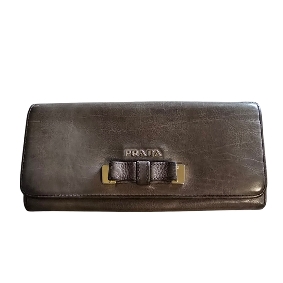 Prada Authentic Calf Skin Leather Ribbon Gray Brown Taupe Wallet - Picture 1 of 12